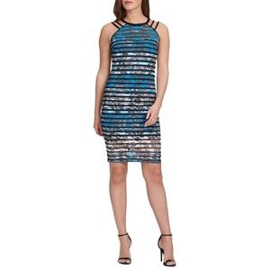 GUESS NWT Blue Multi Printed Mesh Lace Inserts Striped Bodycon Sheath Dress 4